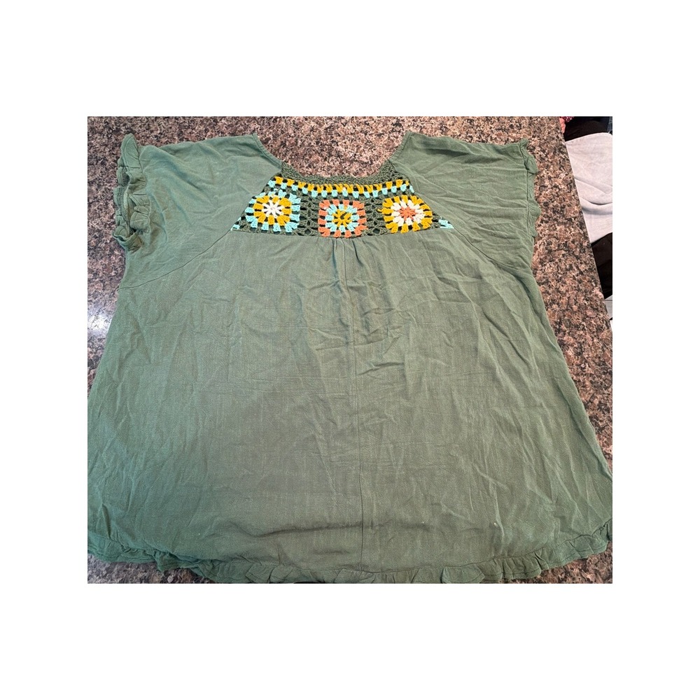 Umgee USA Womens 2XL Green Crochet Granny Square Boho Flutter Sleeve Blouse Top - Picture 5 of 6
